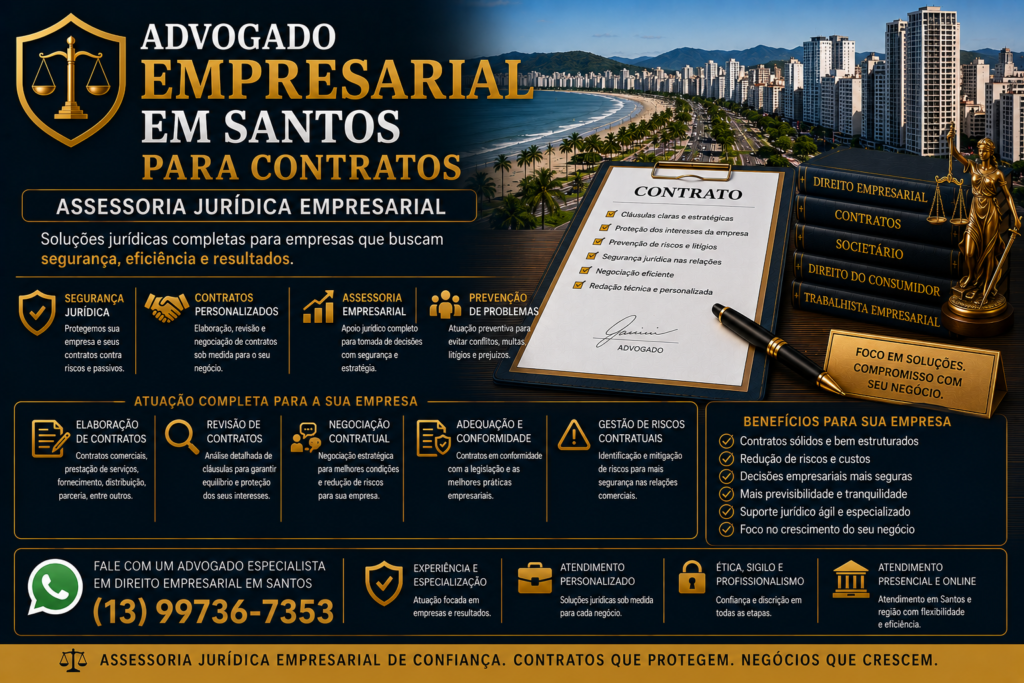 Advogado empresarial em Santos analisando contrato comercial com empresário
