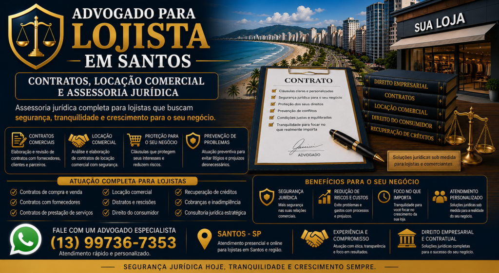 Advogado para lojista em Santos analisando contrato comercial de loja