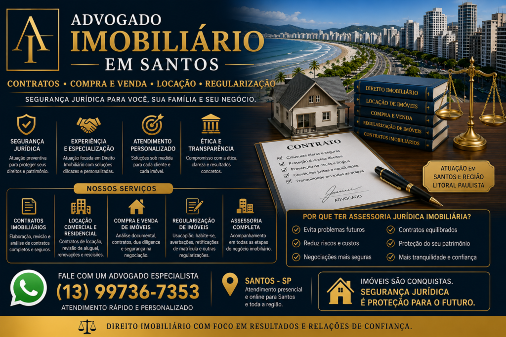 Advogado imobiliário em Santos analisando contrato de imóvel e documentação imobiliária